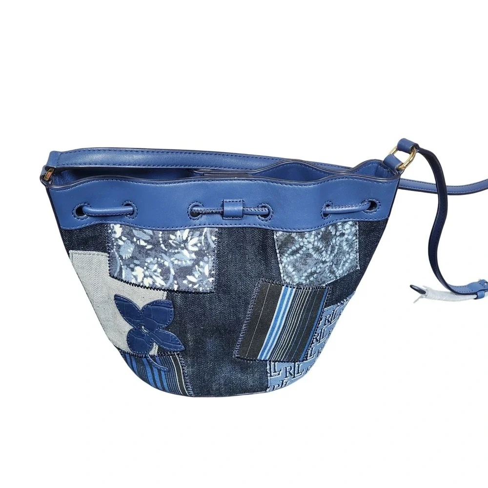 Lauren Ralph Lauren Denim Patchwork Andie Butterfly Bucket Bag Blue Gold NW $295